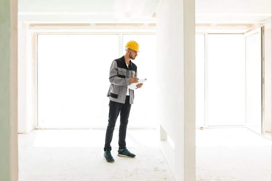 Site manager reviewing job plans in a newly plastered room