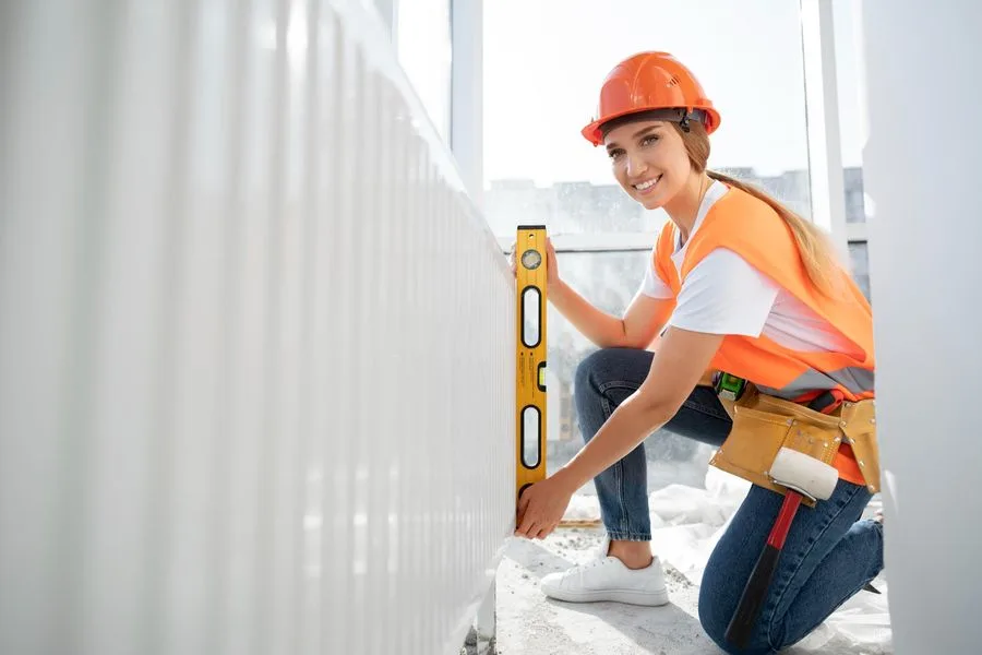 Tradesperson checking a spirit level against a newly rendered panel