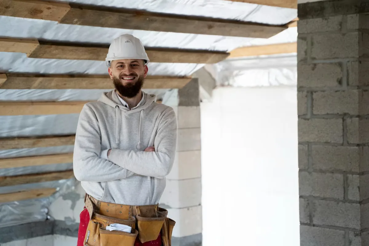 Vetted builder in a hard hat on a UK building site